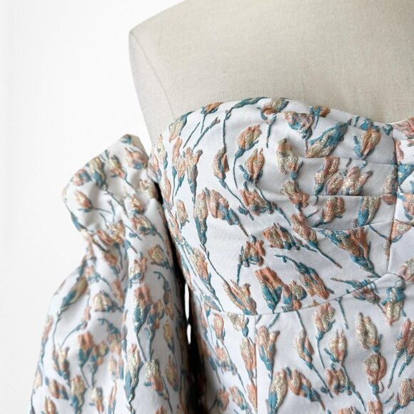 Song of Style Gray Floral Print Puffy Sleeve Sweetheart Crop Top Size XXS/XS - Picture 6 of 7